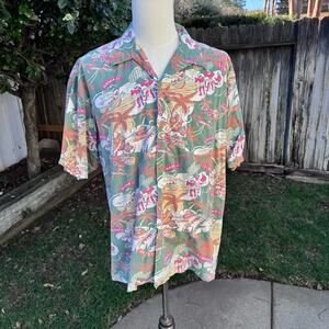 Que Hawaiian Shirt Button Up Planes Palm Trees Men's Size XL